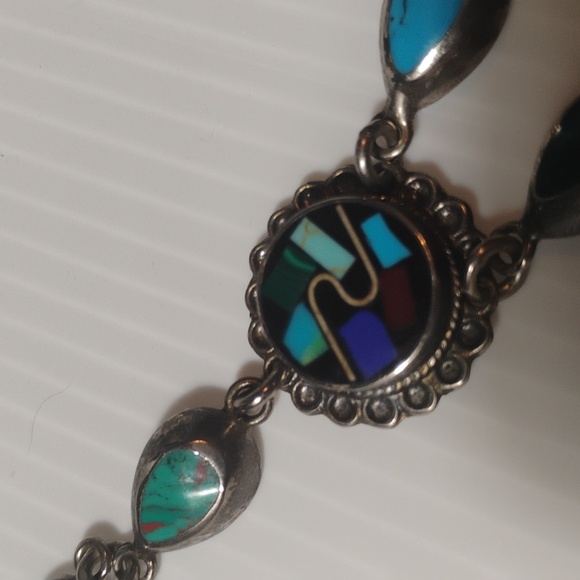 Vintage Mexico Turquoise And Inlaid Stone Silver Bracelet RARE - Picture 5 of 10